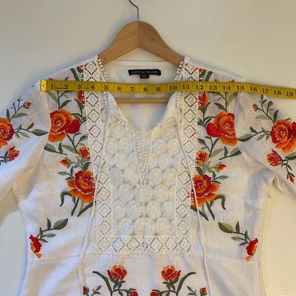 Boston Proper Embroidery Floral Bell Sleeve Linen Blouse White Orange Medium - Picture 14 of 16